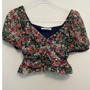 Urban Outfitters Cropped Floral Mesh Sweetheart Top‎ Botanical Print Size Small
